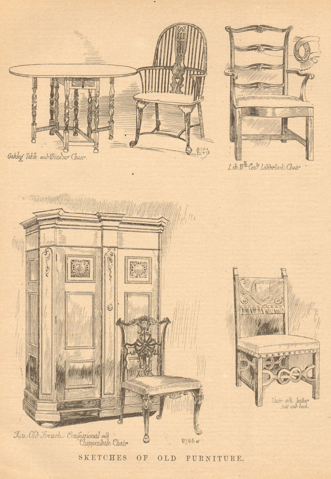 Furniture. Table Windsor chair ladderback French confessional Chippendale 1905